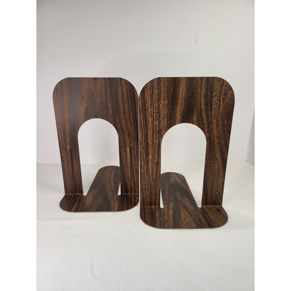 Vintage Faux Wood Grain Metal Bookends Arched Mid Century Modern Style Set of 2